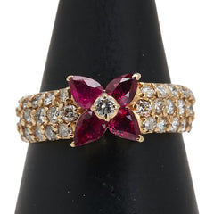 K18YG イエローゴールド ルビー0.85ct ダイヤ0.70ct 花 フラワー パヴェ リング 指輪 レディース 13号 【中古】