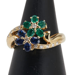 K18YG イエローゴールド ダイヤ0.12ct エメラルド サファイア 花 フラワー モチーフ リング 指輪 レディース 11号 【中古】