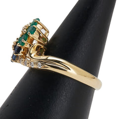 K18YG イエローゴールド ダイヤ0.12ct エメラルド サファイア 花 フラワー モチーフ リング 指輪 レディース 11号 【中古】