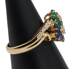 K18YG イエローゴールド ダイヤ0.12ct エメラルド サファイア 花 フラワー モチーフ リング 指輪 レディース 11号 【中古】