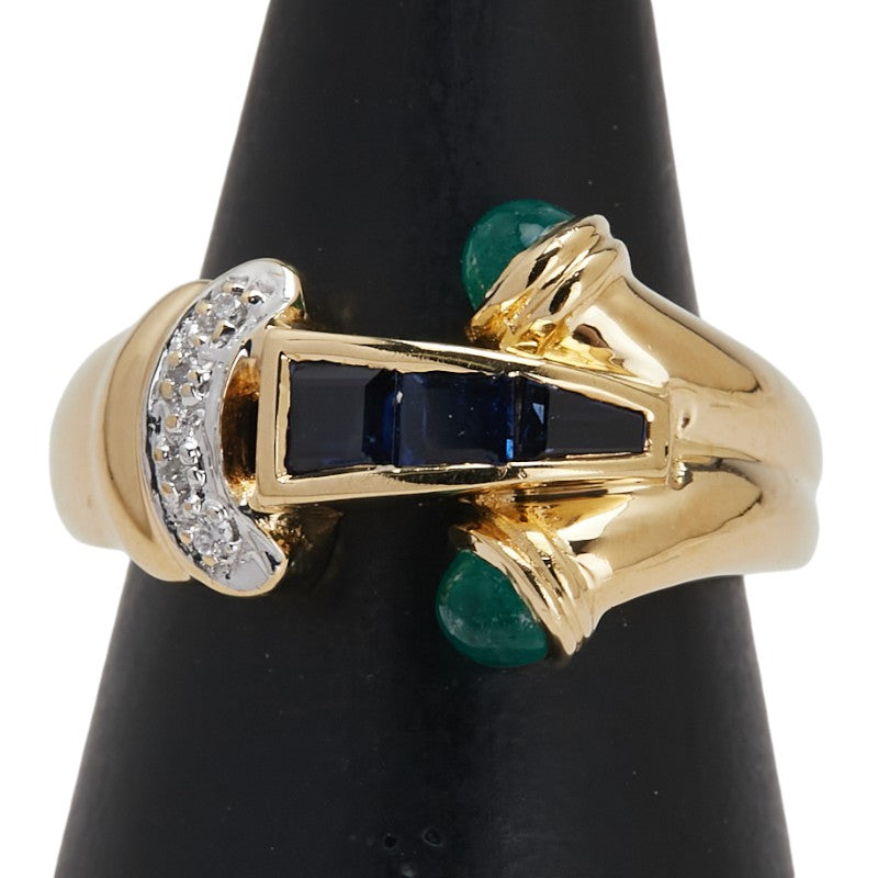 K18YG イエローゴールド ダイヤ0.02ct サファイア0.61ct エメラルド0.58ct リング 指輪 レディース 12号 【中古】