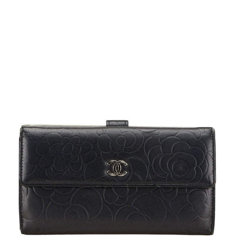 シャネル カメリア ココマーク 長財布 ブラック シルバー ラムスキン レディース CHANEL 【中古】
