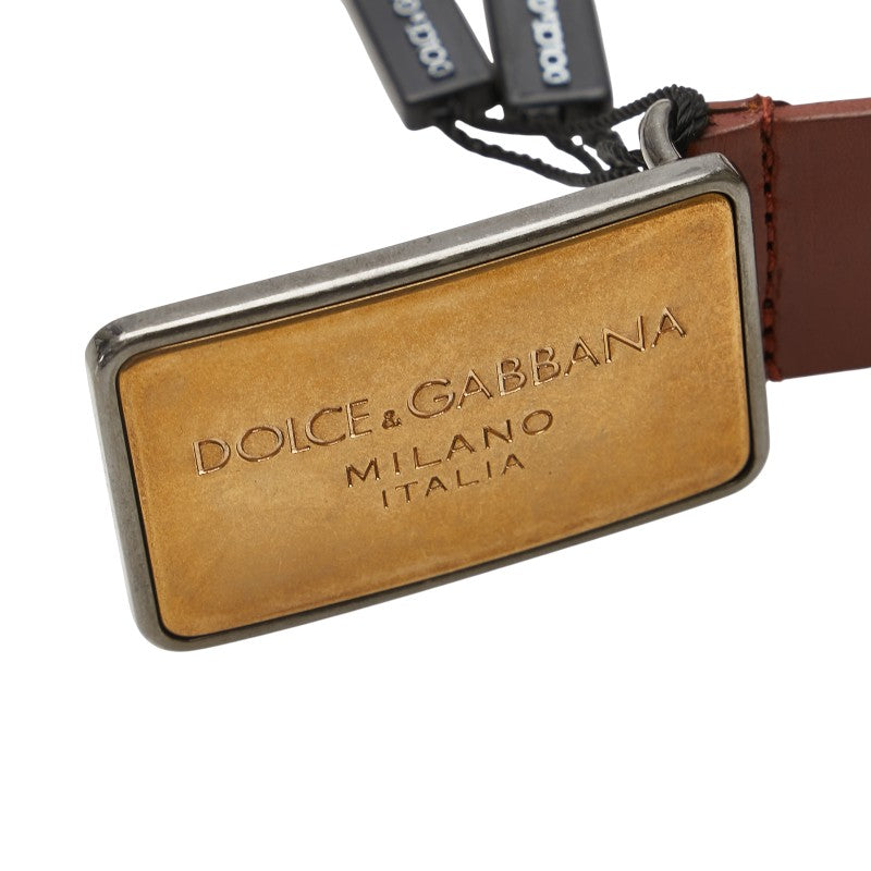 ドルチェアンドガッバーナ ロゴプレート ベルト 90.36 BC3793 ブラウン レザー メタル メンズ DOLCE&GABBANA 【中古】