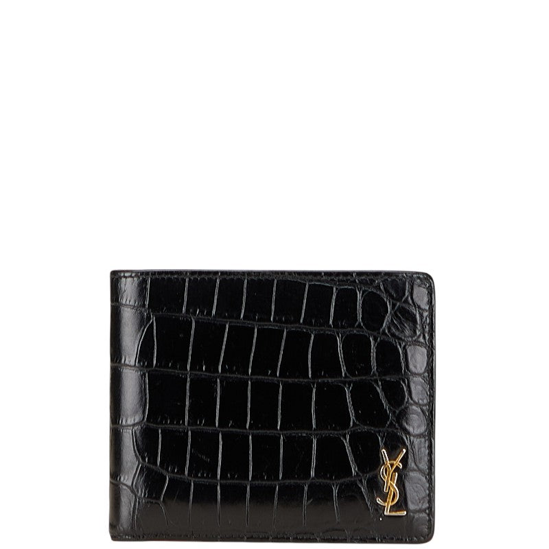 サンローラン YSLロゴ クロコ型押し 二つ折り財布 ブラック レザー レディース SAINT LAURENT 【中古】