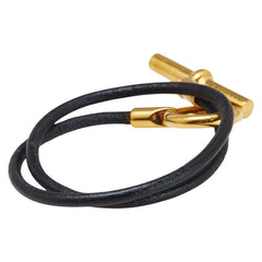 エルメス グレナン 2連 ブレスレット チョーカー ブラック ゴールド レザー メッキ レディース HERMES 【中古】