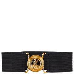 サンローラン YSLロゴ ワイドゴム ベルト ブラック ゴールド ポリエステル ゴム レディース SAINT LAURENT 【中古】