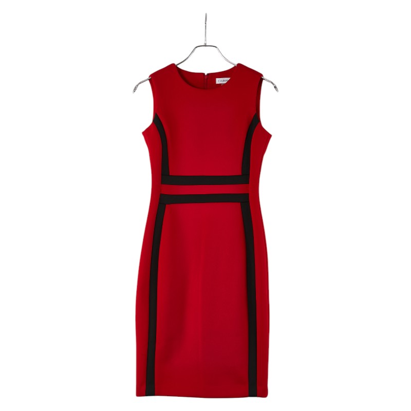 カルバンクライン バイカラー ノースリーブワンピース サイズ：2 レッド ブラック ポリエステル スパンデックス レディース Calvin Klein 【中古】