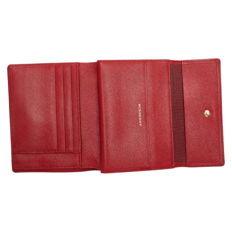 バーバリー ノバチェック ロゴプレート がま口 二つ折り財布 レッド レザー レディース BURBERRY 【中古】