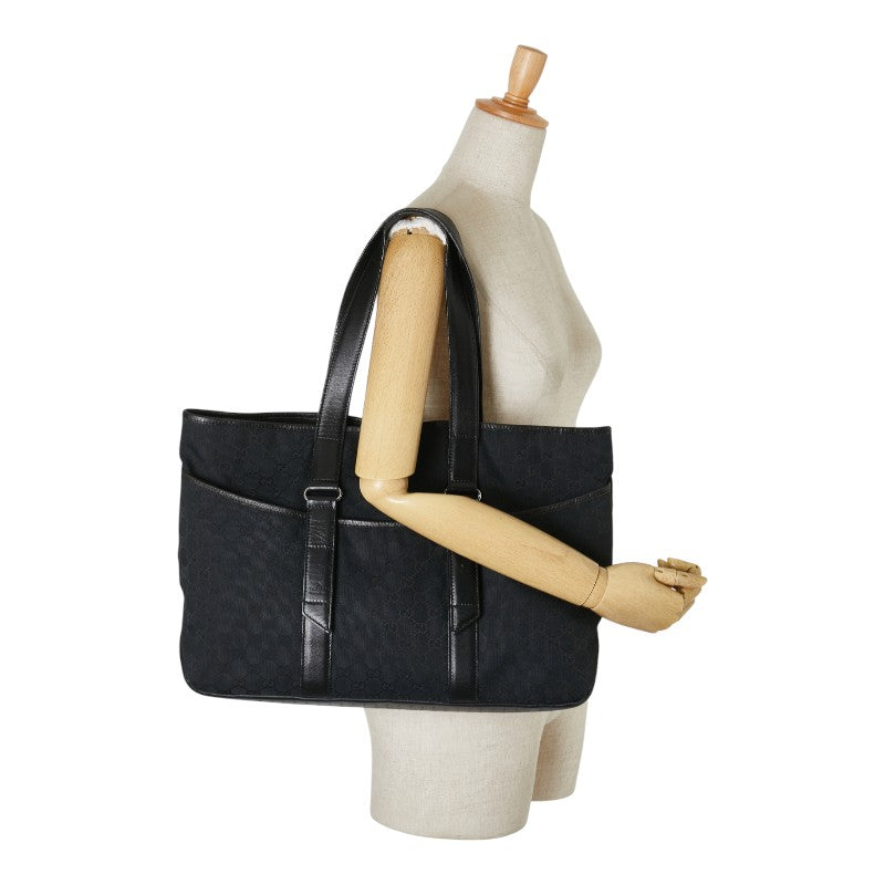 グッチ GGキャンバス トートバッグ 153238 ネイビー ブラック キャンバス レザー レディース GUCCI 【中古】