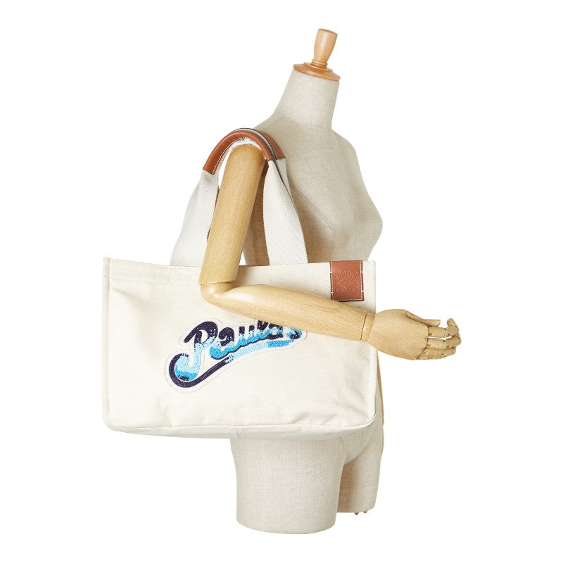 ロエベ Paula’s Ibiza パウラズイビザ カンバス トートバッグ ホワイト アイボリー ブルー キャンバス レディース LOEWE 【中古】
