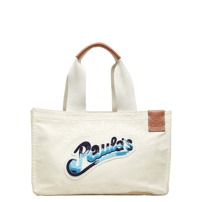 ロエベ Paula’s Ibiza パウラズイビザ カンバス トートバッグ ホワイト アイボリー ブルー キャンバス レディース LOEWE 【中古】