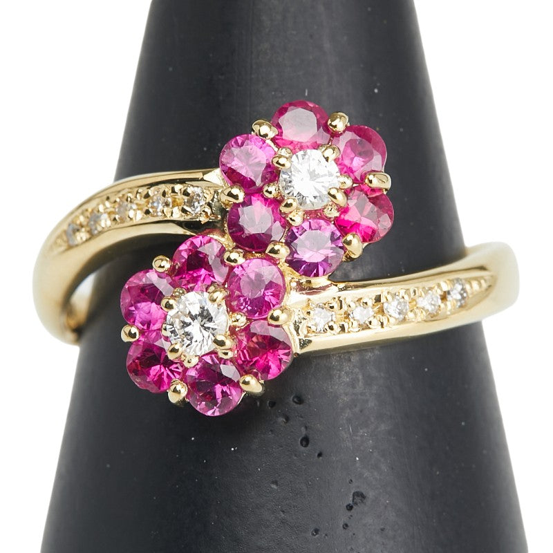 K18YG イエローゴールド ルビー1.03ct ダイヤ0.22ct 花 フラワー モチーフ リング 指輪 レディース 18号 【中古】