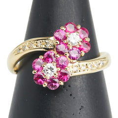 K18YG イエローゴールド ルビー1.03ct ダイヤ0.22ct 花 フラワー モチーフ リング 指輪 レディース 18号 【中古】