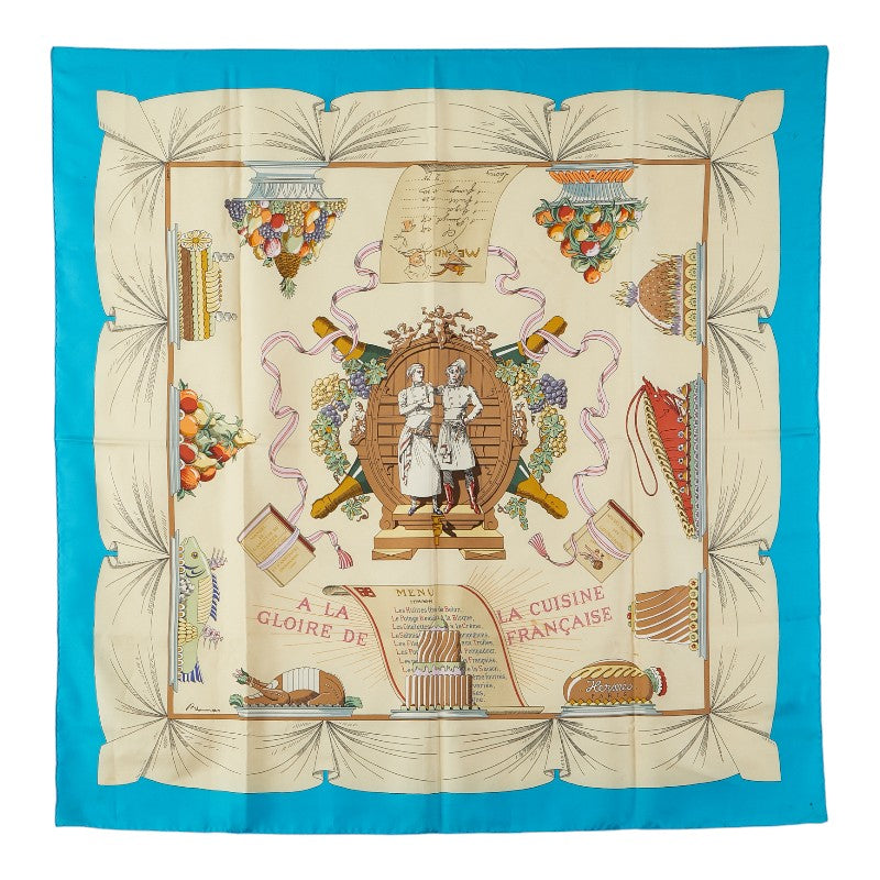 エルメス カレ90 A LA GLOIRE DE LA CUISINE FRANCAISE フランス料理を讃えて スカーフ ブルー ベージュ マルチカラー シルク レディース HERMES 【中古】