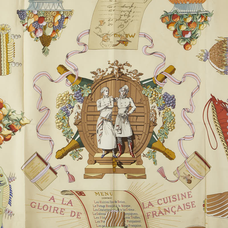 エルメス カレ90 A LA GLOIRE DE LA CUISINE FRANCAISE フランス料理を讃えて スカーフ ブルー ベージュ マルチカラー シルク レディース HERMES 【中古】