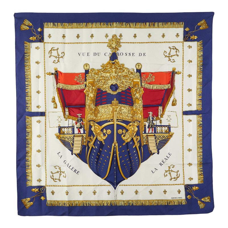 エルメス カレ90 VUE DU CAROSSE DE LA GALERE LA REALE クイーンの戴冠式 スカーフ ブルー ホワイト マルチカラー シルク レディース HERMES 【中古】