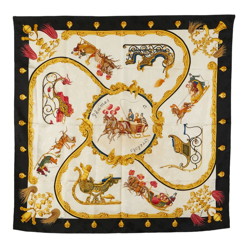 エルメス カレ90 Plumes et Grelots 羽飾りと鈴 スカーフ ベージュ ブラック マルチカラー シルク レディース HERMES 【中古】