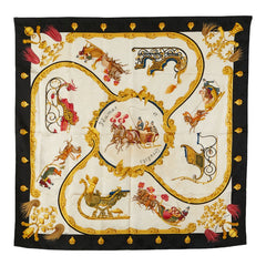 エルメス カレ90 Plumes et Grelots 羽飾りと鈴 スカーフ ベージュ ブラック マルチカラー シルク レディース HERMES 【中古】