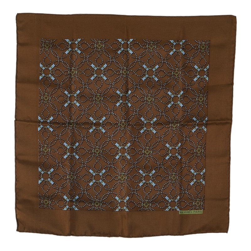 エルメス プチカレ ベルト 縄 モチーフ ハンカチ ブラウン ブルー シルク レディース HERMES 【中古】