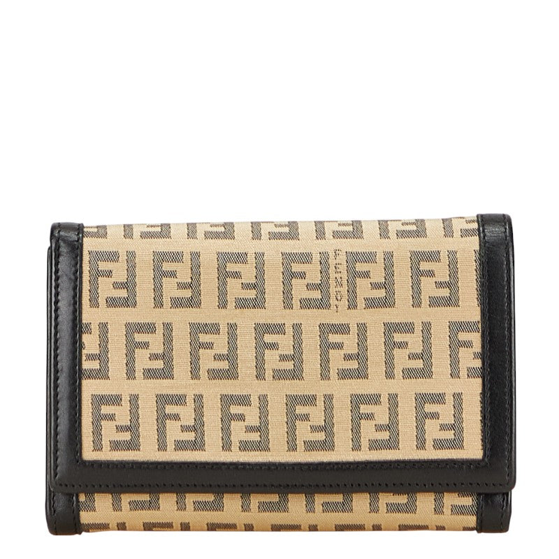 フェンディ ズッキーノ 二つ折り財布 8M0029 ベージュ ブラック キャンバス レザー レディース FENDI 【中古】