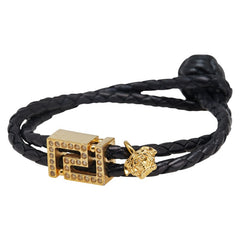 ヴェルサーチェ ロゴ ブレスレット ブラック ゴールド メッキ レザー ラインストーン レディース VERSACE 【中古】