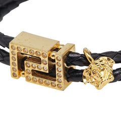 ヴェルサーチェ ロゴ ブレスレット ブラック ゴールド メッキ レザー ラインストーン レディース VERSACE 【中古】
