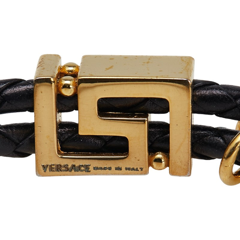 ヴェルサーチェ ロゴ ブレスレット ブラック ゴールド メッキ レザー ラインストーン レディース VERSACE 【中古】