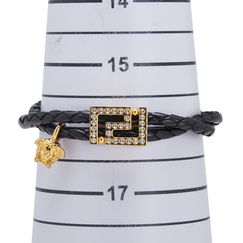 ヴェルサーチェ ロゴ ブレスレット ブラック ゴールド メッキ レザー ラインストーン レディース VERSACE 【中古】