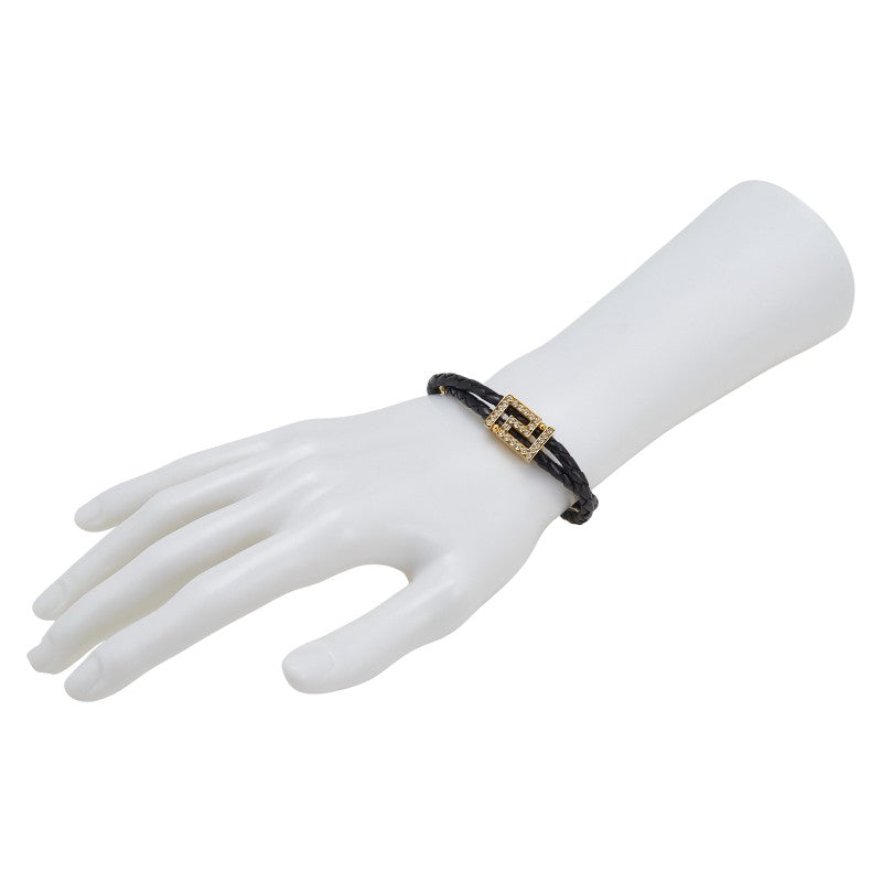 ヴェルサーチェ ロゴ ブレスレット ブラック ゴールド メッキ レザー ラインストーン レディース VERSACE 【中古】