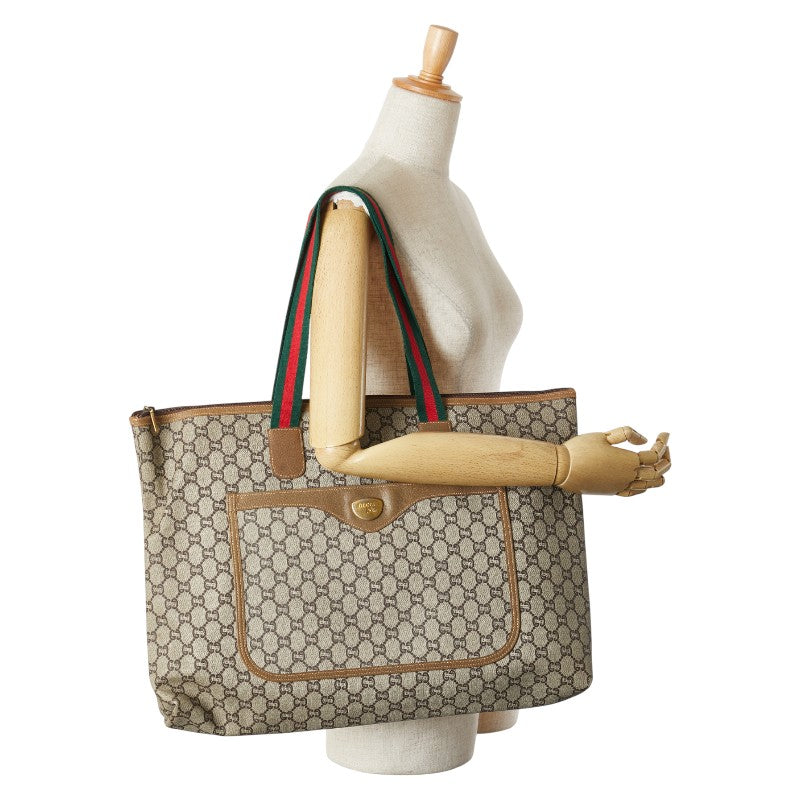 グッチ GGプラス オールドグッチ シェリーライン トートバッグ ベージュ カーキ PVC レザー レディース GUCCI 【中古】