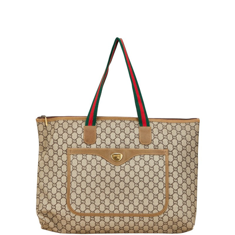 グッチ GGプラス オールドグッチ シェリーライン トートバッグ ベージュ カーキ PVC レザー レディース GUCCI 【中古】