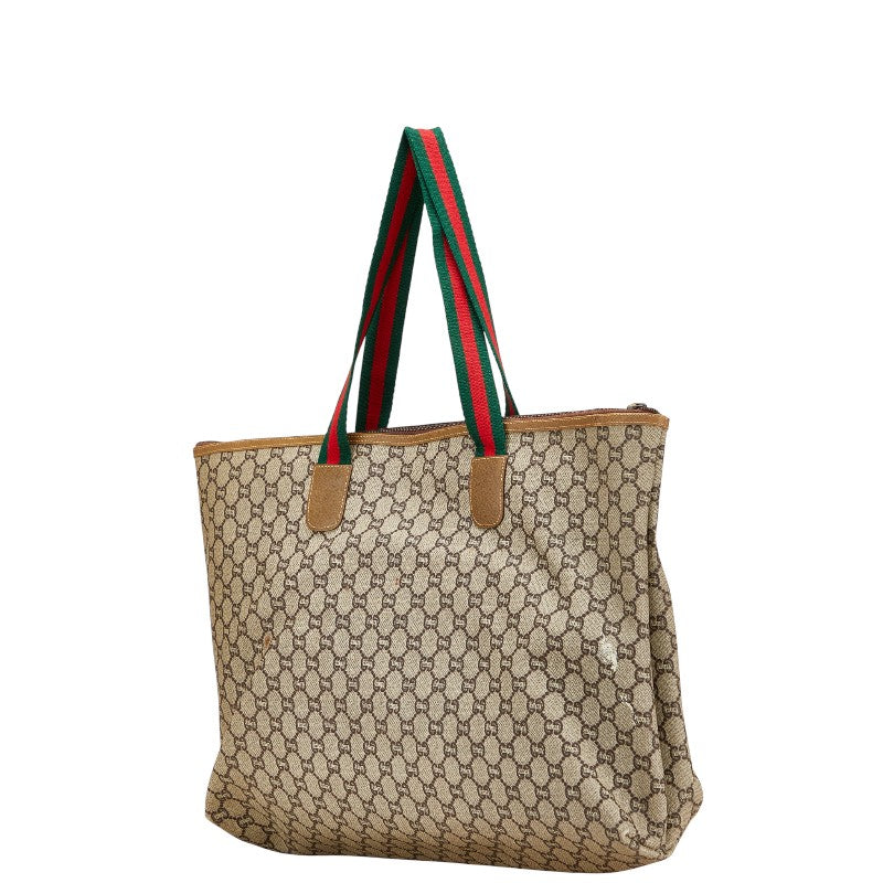 グッチ GGプラス オールドグッチ シェリーライン トートバッグ ベージュ カーキ PVC レザー レディース GUCCI 【中古】