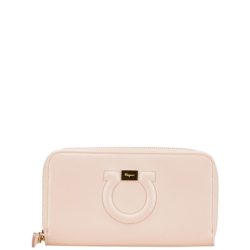 サルヴァトーレフェラガモ ガンチーニ ロゴプレート 長財布 ラウンドファスナー ピンク レザー レディース Salvatore Ferragamo 【中古】