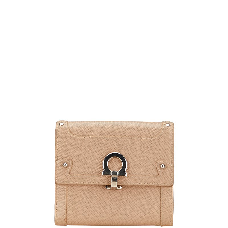 サルヴァトーレフェラガモ ガンチーニ 二つ折り財布 ピンクベージュ レザー レディース Salvatore Ferragamo 【中古】