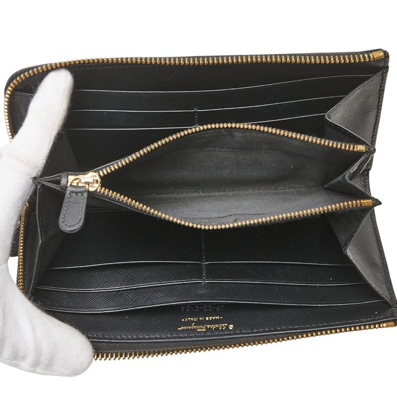 サルヴァトーレフェラガモ ヴァラリボン 長財布 L字ファスナー ブラック レザー レディース Salvatore Ferragamo 【中古】