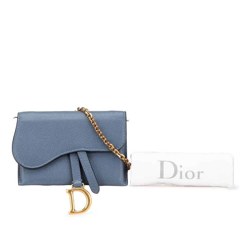 ディオール サドル チェーン ショルダーウォレット ブルー グレー レザー レディース Dior 【中古】