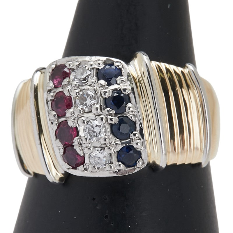 K18YG イエローゴールド Pt900 プラチナ コンビ ダイヤ0.16ct ルビー0.28ct サファイア0.27ct リング 指輪 レディース 14.5号 【中古】