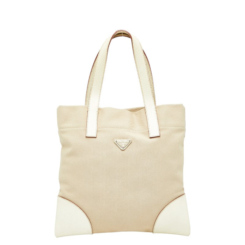 プラダ 三角ロゴプレート トートバッグ ハンドバッグ ベージュ アイボリー キャンバス レザー レディース PRADA 【中古】