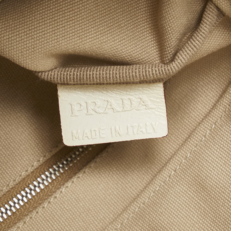 プラダ 三角ロゴプレート トートバッグ ハンドバッグ ベージュ アイボリー キャンバス レザー レディース PRADA 【中古】