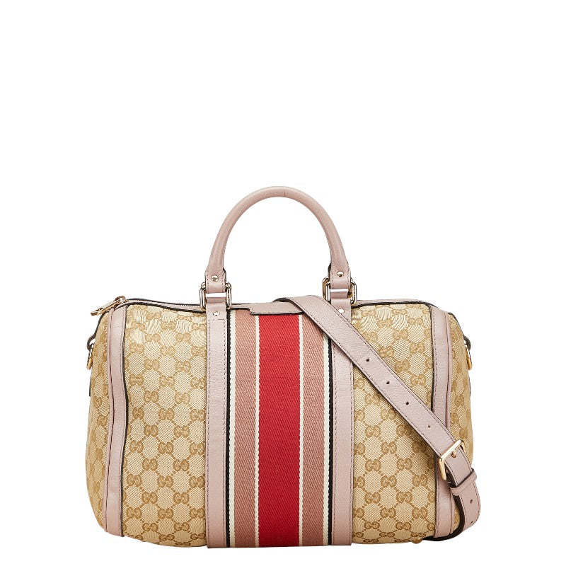 グッチ GGキャンバス シェリーライン ミニボストンバッグ ショルダーバッグ 2WAY 247205 ベージュ パープル キャンバス レザー レディース GUCCI 【中古】