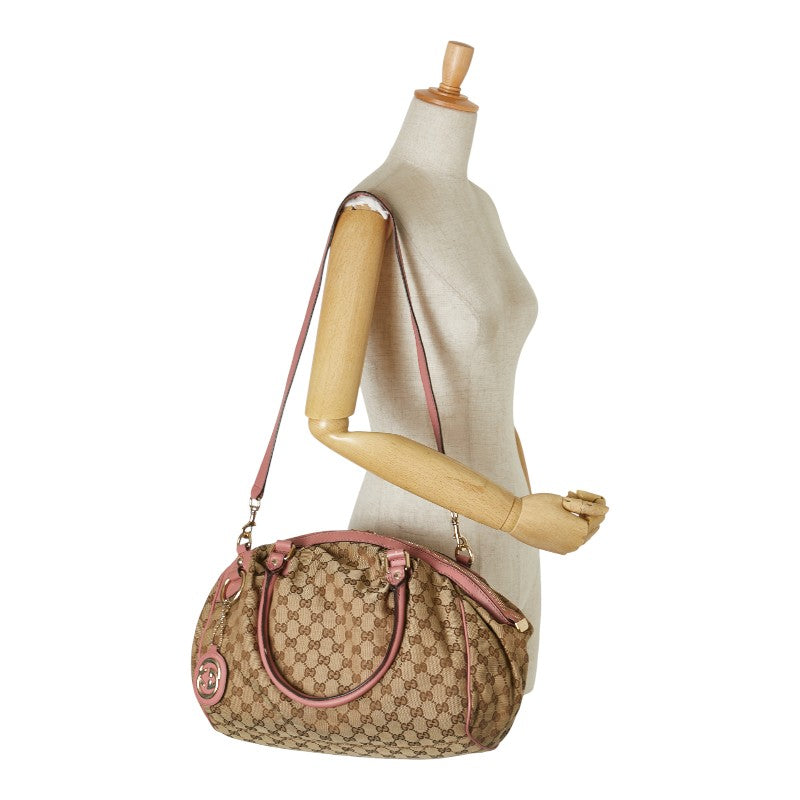 グッチ GGキャンバス ハンドバッグ ショルダーバッグ ２WAY 223974 ブラウン ピンク キャンバス レザー レディース GUCCI 【中古】