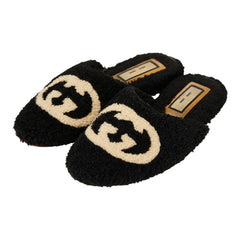 グッチ インターロッキングG サンダル サイズ：9 ブラック ベージュ ボア レディース GUCCI 【中古】