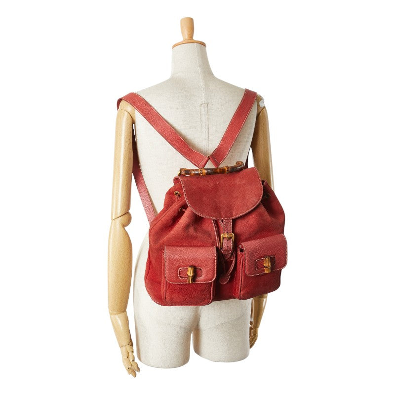 グッチ バンブー リュック バックパック 003.2058.0016 レッド ブラウン スウェード レザー レディース GUCCI 【中古】