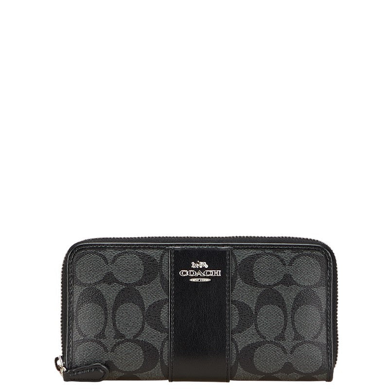 コーチ シグネチャー ラウンドファスナー 長財布 グレー ブラック PVC レザー レディース COACH 【中古】