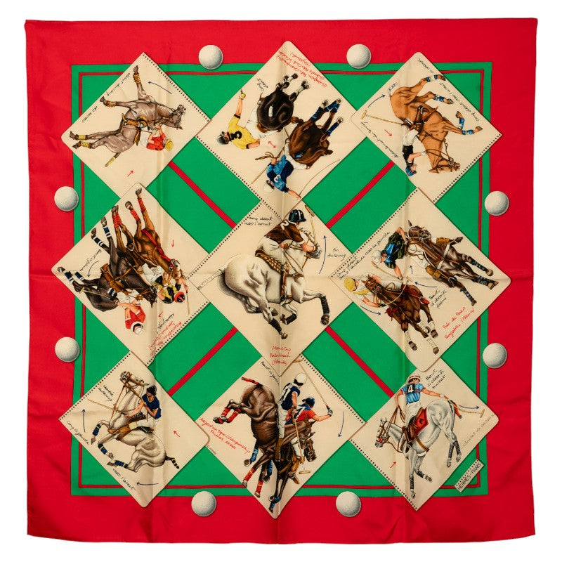 エルメス カレ90 LE MONDE DU POLO ポロの世界 スカーフ レッド マルチカラー シルク レディース HERMES 【中古】