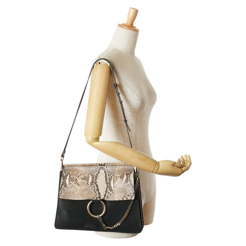 クロエ フェイ ミディアム ショルダーバッグ ブラック ベージュ パイソン レザー スウェード レディース Chloe 【中古】