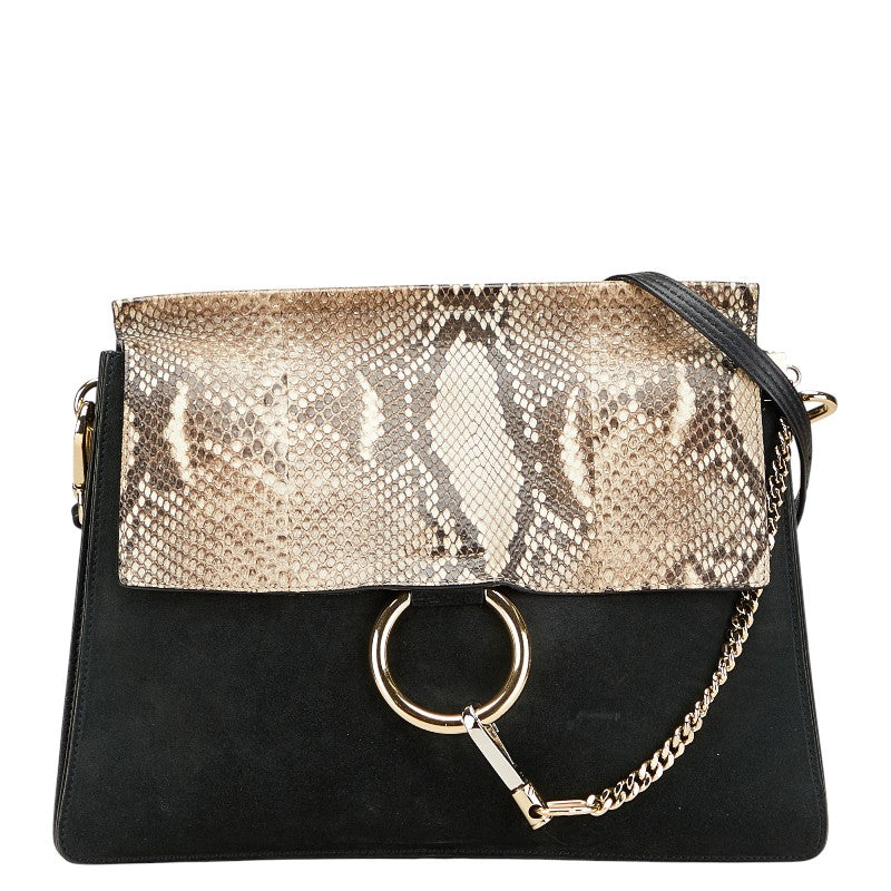 クロエ フェイ ミディアム ショルダーバッグ ブラック ベージュ パイソン レザー スウェード レディース Chloe 【中古】