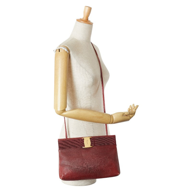 サルヴァトーレフェラガモ ヴァラ リザード型押し ショルダーバッグ ワインレッド レザー レディース Salvatore Ferragamo 【中古】