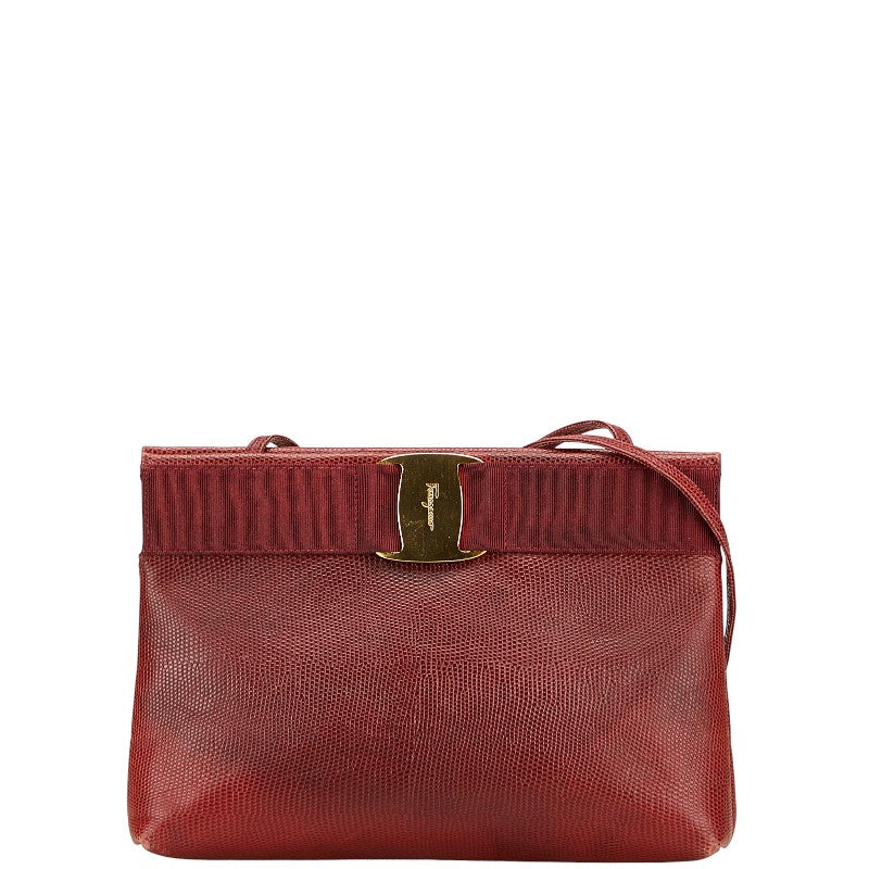 サルヴァトーレフェラガモ ヴァラ リザード型押し ショルダーバッグ ワインレッド レザー レディース Salvatore Ferragamo 【中古】