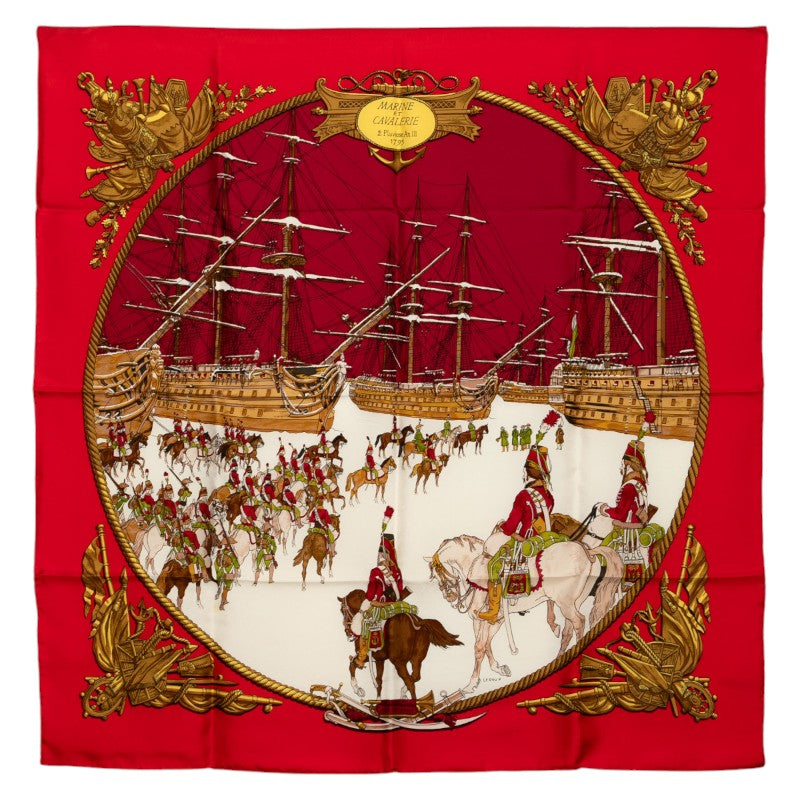 エルメス カレ90 MARINE ET CAVALERIE 海と騎兵隊 スカーフ レッド マルチカラー シルク レディース HERMES 【中古】